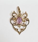 Edwardian Art Nouveau 9ct yellow gold pendant brooch set with seed pearls and an oval faceted
