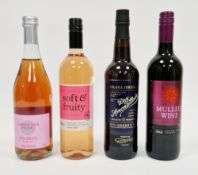 Bottle of Lambrusco Rose, M&S rose, a bottle of mulled wine and a Waitrose Dry Amontillado sherry (