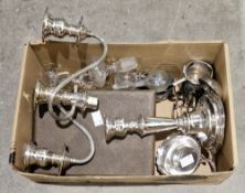 Elkington silver plate on copper three-branch candelabrum, 28cm high, other silver plated items