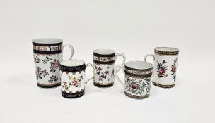 Group of five Samson-style porcelain tankards in sizes, circa 1900, two printed and painted with