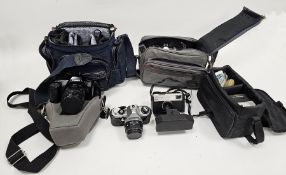 Quantity of cameras and equipment including a Praktica MTL3 camera, a Canon EOS1000 camera, a Pentax