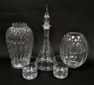 Dartington crystal 'Sharon' decanter and stopper, boxed, two tumblers, boxed, an oviform spirally