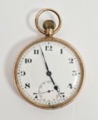9ct gold cased open-faced pocket watch, the enamel dial with arabic numerals hour markers, seconds