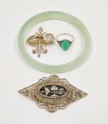Pale celadon jade bangle, in fitted box, jade set silver and marcasite ring and two silver