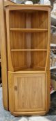 Ercol Windsor elm corner cabinet model 743C with two fixed shelves above a single cupboard door,