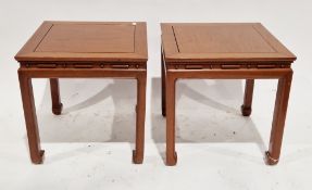 Pair of modern Chinese hardwood square coffee tables on square legs with inverted feet, 46cm high