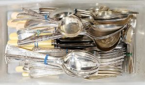 Collection of silver plated flatware, various patterns including Old English and cutlery embossed