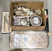Mixed lot of silver plate including a rectangular serving tray with pierced gallery sides, a rose