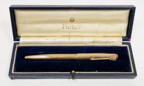 9ct yellow gold cased Parker ballpoint pen, engine turned decoration and empty cartouche, 13cm long,