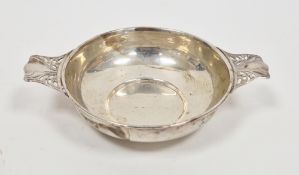 Edward VII silver quaich, London 1910 (maker's mark rubbed), the plain bowl with Art Nouveau foliate