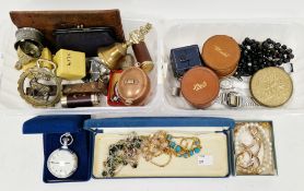 Mixed lot including costume jewellery, watches, compacts, purses, miniature copper cooking pot and