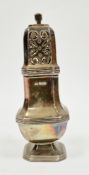 Silver sugar shaker, Sheffield 1946, Walker & Hall, of square baluster form with canted corners, the