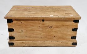 19th century pine and iron bound blanket chest, the hinged lid opening to a candle tray and empty