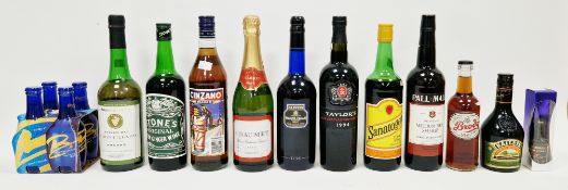 Eclectic mix of alcoholic beverages including Cinzano Bianco, Harveys Bristol Cream, 1994 Taylors