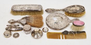 Early 20th century Art Nouveau white metal dressing table set, each item stamped sterling,