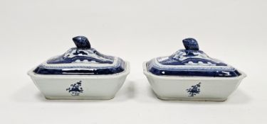 Two Chinese export blue and white shaped rectangular vegetable tureens and covers and a shaped