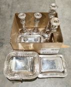 Collection of silver plate including two pairs of candlesticks, tallest 36cm high, a pair of