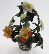 Chinese hardstone and jade bonsai tree in circular cloisonne enamel planter with lotus blossom