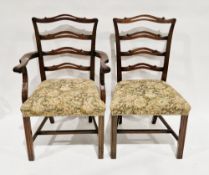 Set of eight George III style dining chairs with pierced ladder backs, studded stuffover seats and