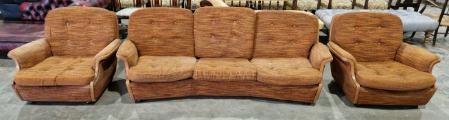 Mid-century Ercol three-piece suite, elm-framed with orange and brown buttoned textured fabric,