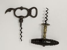 Antique 'Four Finger Pull' cast corkscrew and another antique brass and turned wood corkscrew (2)