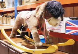 Merrythought mid-century soft rocking donkey on an oak bow rocking base, 64cm high x 128cm long