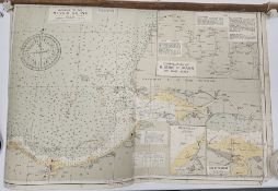 Six mid-20th century hydrographic office sea charts, mainly relating to the coast of France, 1:140,