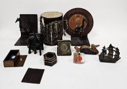 Collection of items including an oak cut-out lion bookslide, a pair of bronze-effect giraffe