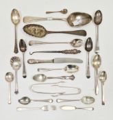 Collection of mixed silver flatware including a Georgian serving spoon and two sets of sugar tongs