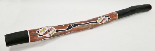 Handpainted didgeridoo signed Yukkula 1996, 120cm long and a 1970's Fujian Tapa, 180cm long