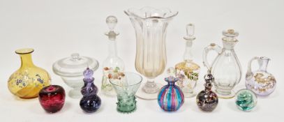 Collection of coloured and enamelled glassware including a French ribbed baluster carafe and