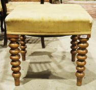 19th century dressing stool of square form with upholstered seat and turned bobbin legs, 45cm high x