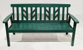 Wooden green painted garden bench with slatted back and seat, 86cm high x 161cm long x 58cm deep