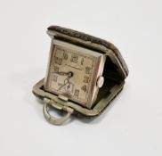 W Turler Berne travel purse watch, white metal with leather outer, the square dial with arabic