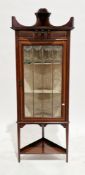 Edwardian mahogany and satinwood inlaid corner cabinet with shaped top rail over a single leaded