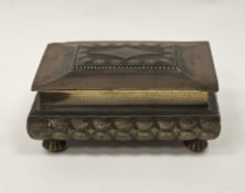 WMF Art Deco brass and wooden mounted cigarette box, with lozenge shaped ornament to cover, engraved