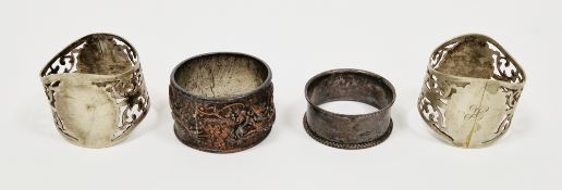 Victorian silver napkin ring, a pair of pierced silver plated napkin rings and a Chinese metal