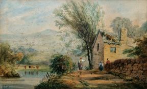 William Henry Pike RBA (1846-1908) Watercolour Continental rural scene of figures and dwelling by