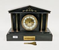 Late 19th century slate mantel clock by Japy Freres, the circular dial with enamel chapter ring,