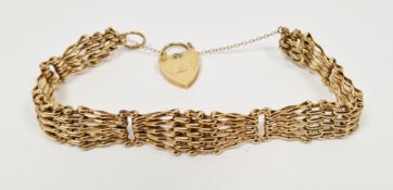 9ct yellow gold 5-bar gate-link bracelet with heart shaped padlock and safety chain, approximate