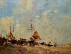 20th century school Oil on card Coastal scene with moored boats and figures, unsigned, framed and