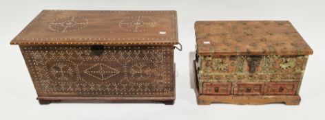 Two North African/Eastern hardwood boxes, the first with a patterned bone inlay, the hinged lid