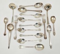 Collection of mixed silver flatware including five matching sterling silver teaspoons, pair of