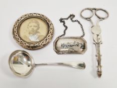 Mixed lot of silver items including whiskey decanter label, Sheffield 1987, circular photograph