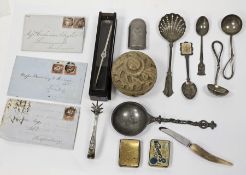 Assorted collectables including silver plated sifter, a Halcyon Days pill box, collection of antique