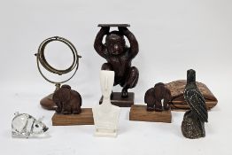 Mixed lot of collectables including a brass gimbal on wooden stand, a pair of hardwood carved