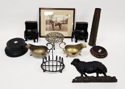 Mixed lot including a 19th century black sheep doorstop, a pair of hardwood African elephant