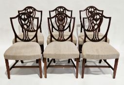 Set of six Hepplewhite-style shield back dining chairs with stuffover seats, reupholstered in a