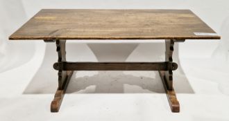 Oak dining room suite comprising a trestle-type table in the 17th century manner, 72cm high x