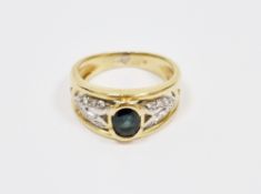 Gold, diamond and sapphire ring set single oval facet-cut collet set sapphire, two sets seven tiny